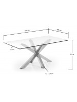 LUXOR mesa de diseño fija de 160 o 180 o 200 cm tapa de cristal y patas de acero inoxidable