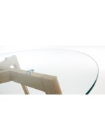 CAVI diametro 90 gambe in legno naturale e piano vetro cristallo tavolino basso rotondo
