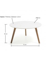 DESIO-Runde Tisch 90 cm. natürliches Holz Beine weiß lackiert