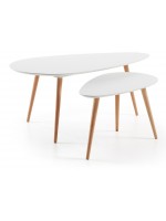 GECO conjunto de mesas de centro ovaladas patas de madera natural y tapa lacada en blanco