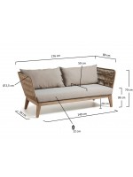 ALANA Sofa 3 Plätze mit Struktur aus Massivholz mit Seil und Kissen bedeckt