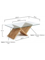 VERTICE 120x70 in solid oak wood and tempered glass home design coffee table