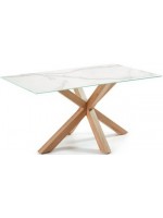 KENA 160 ou 180 ou 200 fixe plateau verre grès cérame et table structure acier couleur bois