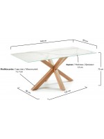 KENA 160 ou 180 ou 200 fixe plateau verre grès cérame et table structure acier couleur bois