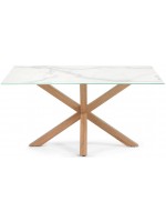 KENA 160 ou 180 ou 200 fixe plateau verre grès cérame et table structure acier couleur bois