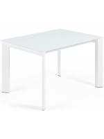 CALENDA Mesa extensible de 120 o 140 o 160 cm con tapa de cristal blanco y patas de metal blanco