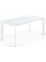 CALENDA Mesa extensible de 120 o 140 o 160 cm con tapa de cristal blanco y patas de metal blanco