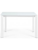 CALENDA Mesa extensible de 120 o 140 o 160 cm con tapa de cristal blanco y patas de metal blanco