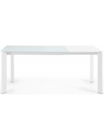 CALENDA 120 o 140 o 160 cm allungabile piano in vetro cristallo bianco e gambe in metallo bianco tavolo