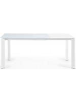 CALENDA Mesa extensible de 120 o 140 o 160 cm con tapa de cristal blanco y patas de metal blanco