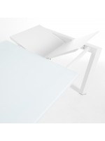 CALENDA Mesa extensible de 120 o 140 o 160 cm con tapa de cristal blanco y patas de metal blanco