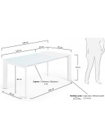 CALENDA 120 o 140 o 160 cm allungabile piano in vetro cristallo bianco e gambe in metallo bianco tavolo