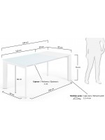 CALENDA 120 or 140 or 160 cm extendable table with white glass top and white metal legs