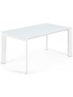 CALENDA 120 o 140 o 160 cm allungabile piano in vetro cristallo bianco e gambe in metallo bianco tavolo