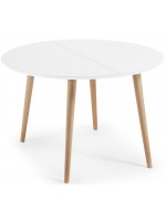 OQUI table ronde diam 120 extensible en bois laqué blanc et pieds en hêtre naturel