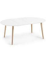 OQUI tablero extensible redondo diam 120 de madera lacada en blanco y patas de haya natural mesa