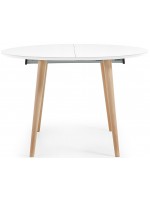 OQUI runder Durchmesser 120 ausziehbare Tischplatte aus weiß lackiertem Holz und Beine aus Buche natur
