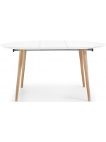OQUI runder Durchmesser 120 ausziehbare Tischplatte aus weiß lackiertem Holz und Beine aus Buche natur