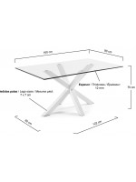 ATALA Mesa fija de 160 o 180 o 200 cm sobre de cristal templado y patas de acero blanco
