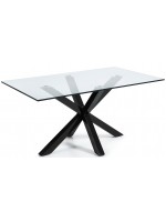 ATLAS 160 or 180 or 200 cm fixed design table with crystal glass top and black steel legs