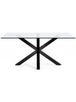 ATLAS 160 or 180 or 200 cm fixed design table with crystal glass top and black steel legs