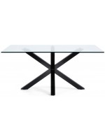 ATLAS Table fixe design 160 ou 180 ou 200 cm avec plateau en verre cristal et pieds en acier noir