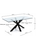ATLAS 160 or 180 or 200 cm fixed design table with crystal glass top and black steel legs