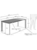 ABBA 120 or 140 or 160 cm extendable table with gray porcelain stoneware top and light gray metal legs