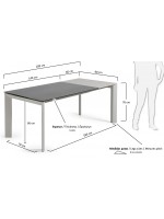 ABBA Mesa extensible de 120 o 140 o 160 cm con tapa de gres porcelánico gris y patas de metal gris claro