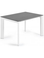 ACCAT Mesa extensible de 120 o 140 o 160 cm de gres porcelánico gris y patas de metal blanco