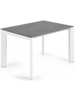 ACCAT Table extensible 120 ou 140 ou 160 cm en grès cérame gris et pieds en métal blanc