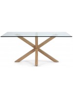 RIALTO 160 o 180 o 200 cm gambe in acciaio color legno e piano in vetro temperato tavolo fisso di design