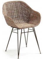 BEVERLY natural rattan and metal frame grey Chair with armrests