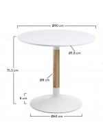TAHITI Feststehender runder Tisch mit 90 cm Durchmesser in mattweißem Lack und Esche
