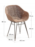 BEVERLY natural rattan and metal frame grey Chair with armrests