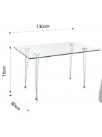 MANTRA table bureau fixe 130x80 en verre trempé transparent et pieds en métal chromé design