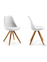 Set mit 4 weißen Stühlen aus Polypropylensitz mit Kissen aus Öko-Leder in der gleichen Farbe und Beinen aus Buchenholz