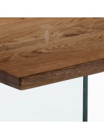 DOMI Mesa de madera maciza de 180x90 con tapa de cristal y base de cristal con diseño de sala de estar