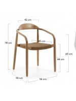 ELEGANTE chair with armrests choice of color in rope and legs in eucalyptus wood garden or terrace design