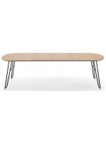 DIVA Ovaler Tisch 140 ausziehbar 220 cm oder 170 ausziehbar 320 cm mit Platte aus Eiche natur und schwarzen Metallbeinen