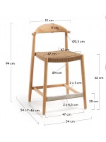 ASAI 62 or 77 cm high stool in solid eucalyptus wood and rope seat for outdoor or indoor stackable