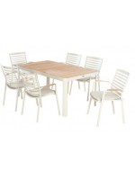 CHARLS 160x95 Juego de mesas y 6 sillas en aluminio blanco y parte superior y acabados en teca para terraza en el jardín