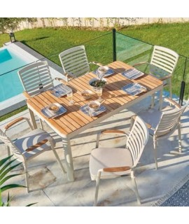 CHARLS set tavolo 160x95 e 6 sedie in alluminio bianco e piano e finiture  in teak per giardino terrazzi residence hotel chalet