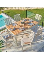 CHARLS 160x95 Juego de mesas y 6 sillas en aluminio blanco y parte superior y acabados en teca para terraza en el jardín