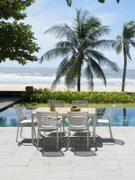 CHARLS set de table 160x95 et 6 chaises en aluminium blanc et plateau en teck pour terrasse de jardin