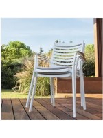 CHARLS set de table 160x95 et 6 chaises en aluminium blanc et plateau en teck pour terrasse de jardin