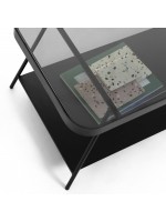 BANDO Table basse de 90x45 cm avec structure en métal noir et plateau en verre trempé noir
