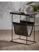 NISIO small table with metal magazine rack and black glass top