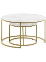 ELEONORA set di tavolini con struttura in metallo oro e piano in vetro effetto marmo bianco