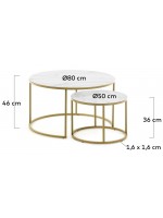 ELEONORA ensemble de tables basses avec structure en métal doré et plateau en verre effet marbre blanc